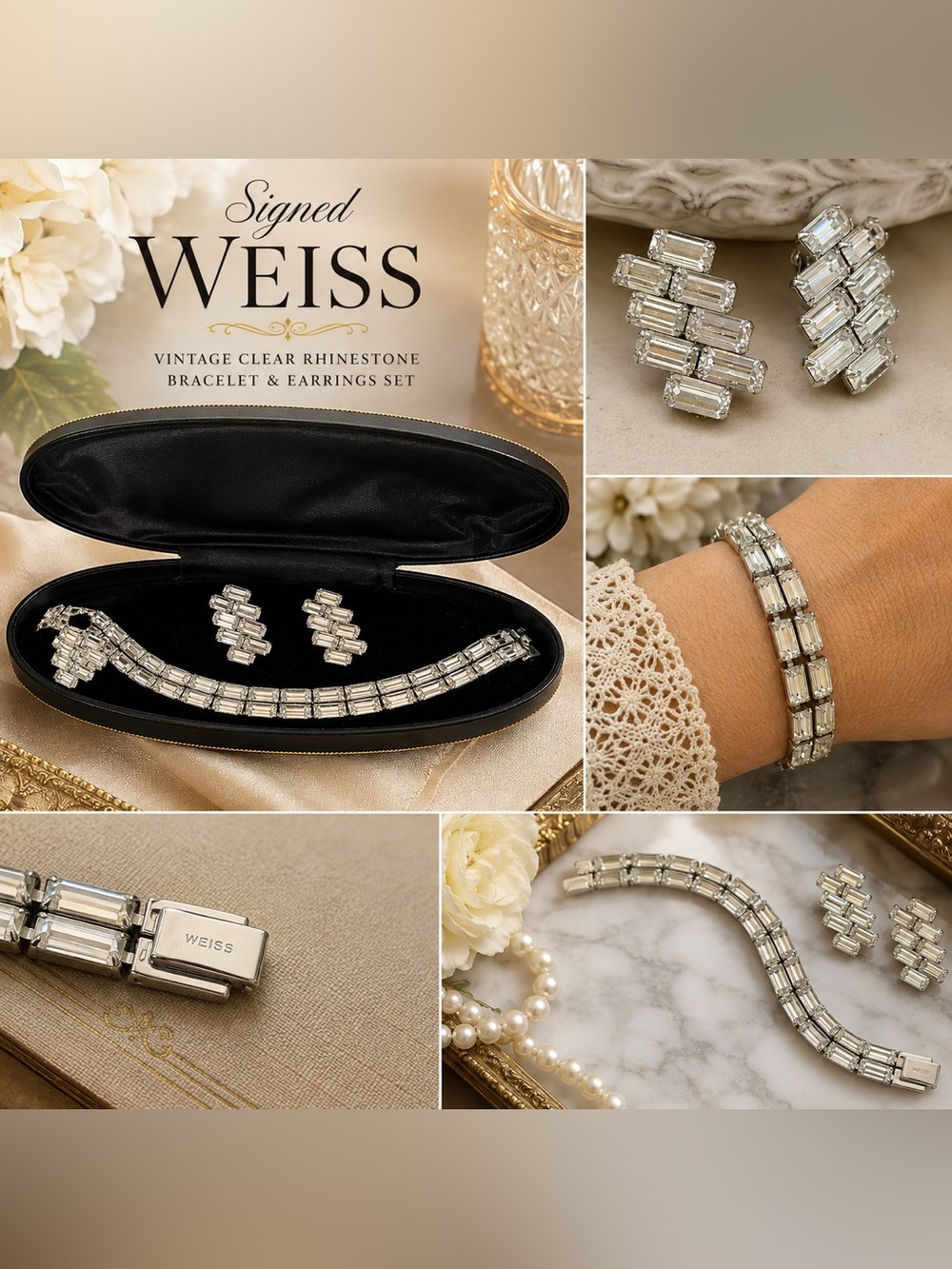 Albert Weiss Silver-Clear Baguette Rhinestone Bracelet & Earrings Set